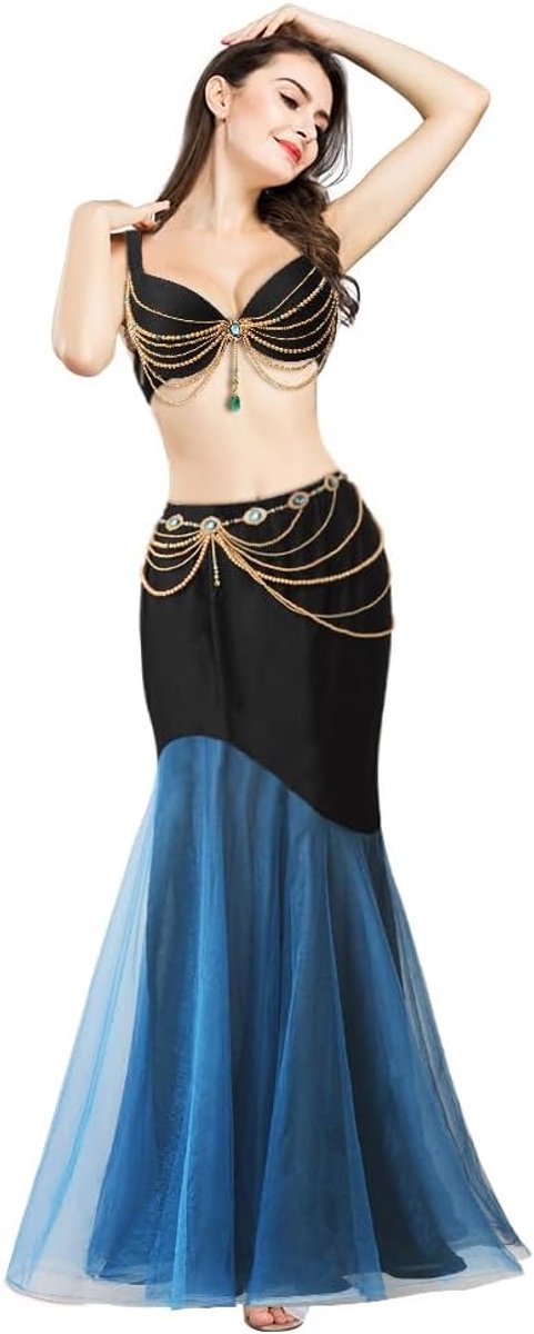 Women's Belly Dance Costume Handmade Bra with Hook Closure, Belt and Skirt with Pearl Chains and Rhinestones, Elegant - ShopVlot
