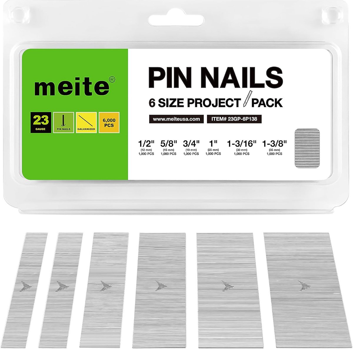 meite 23GA Pin Nails, Assortment of 6,000 Pieces in 6 Sizes (12mm, 15mm, 19mm, 25mm, 30mm, 35mm), Galvanized 23GA - ShopVlot