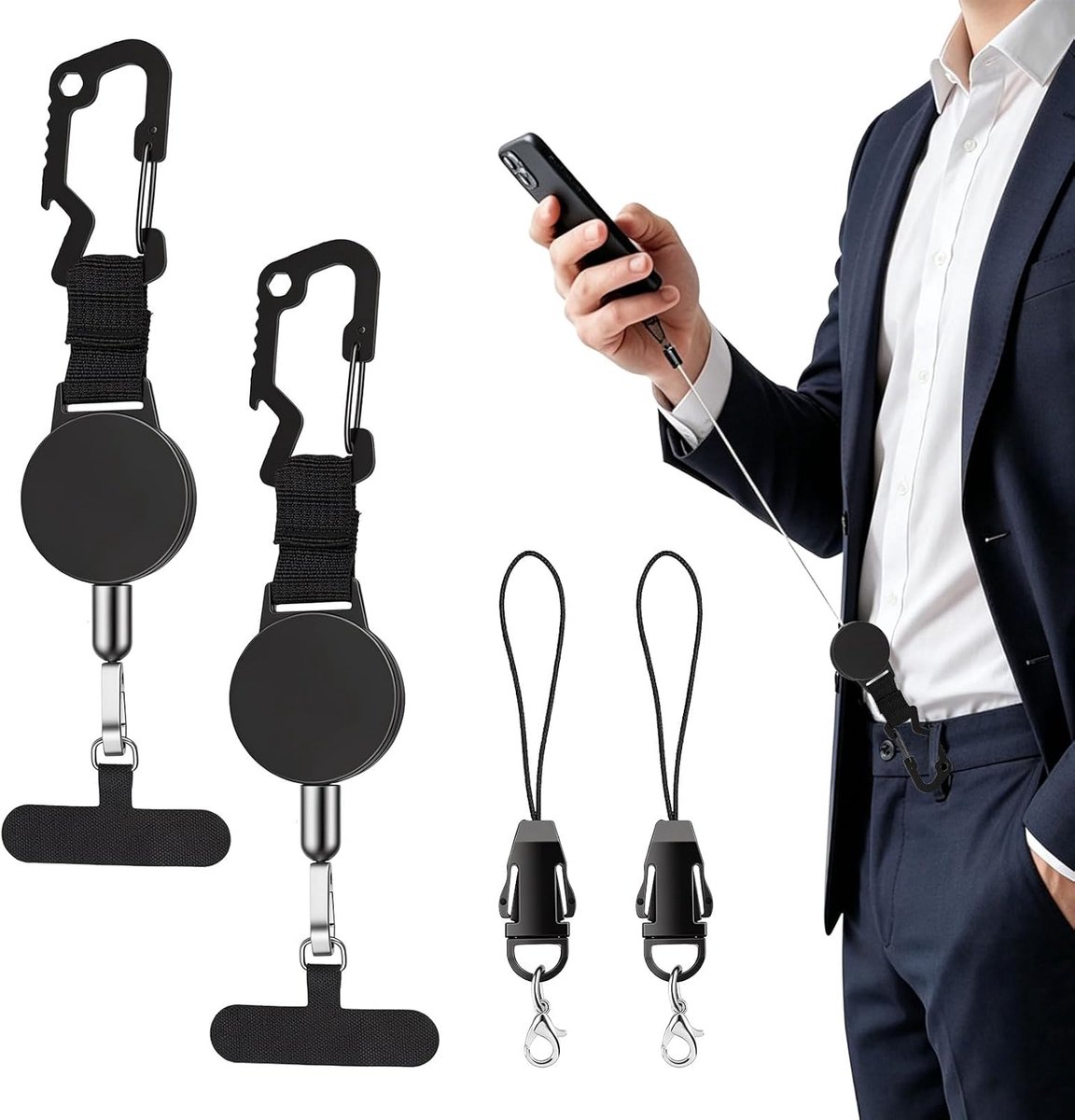 Set van 2 intrekbare anti-diefstalbanden voor telefoon, stalen kabel, 360° metalen karabijnhaak, voor buiten en - ShopVlot