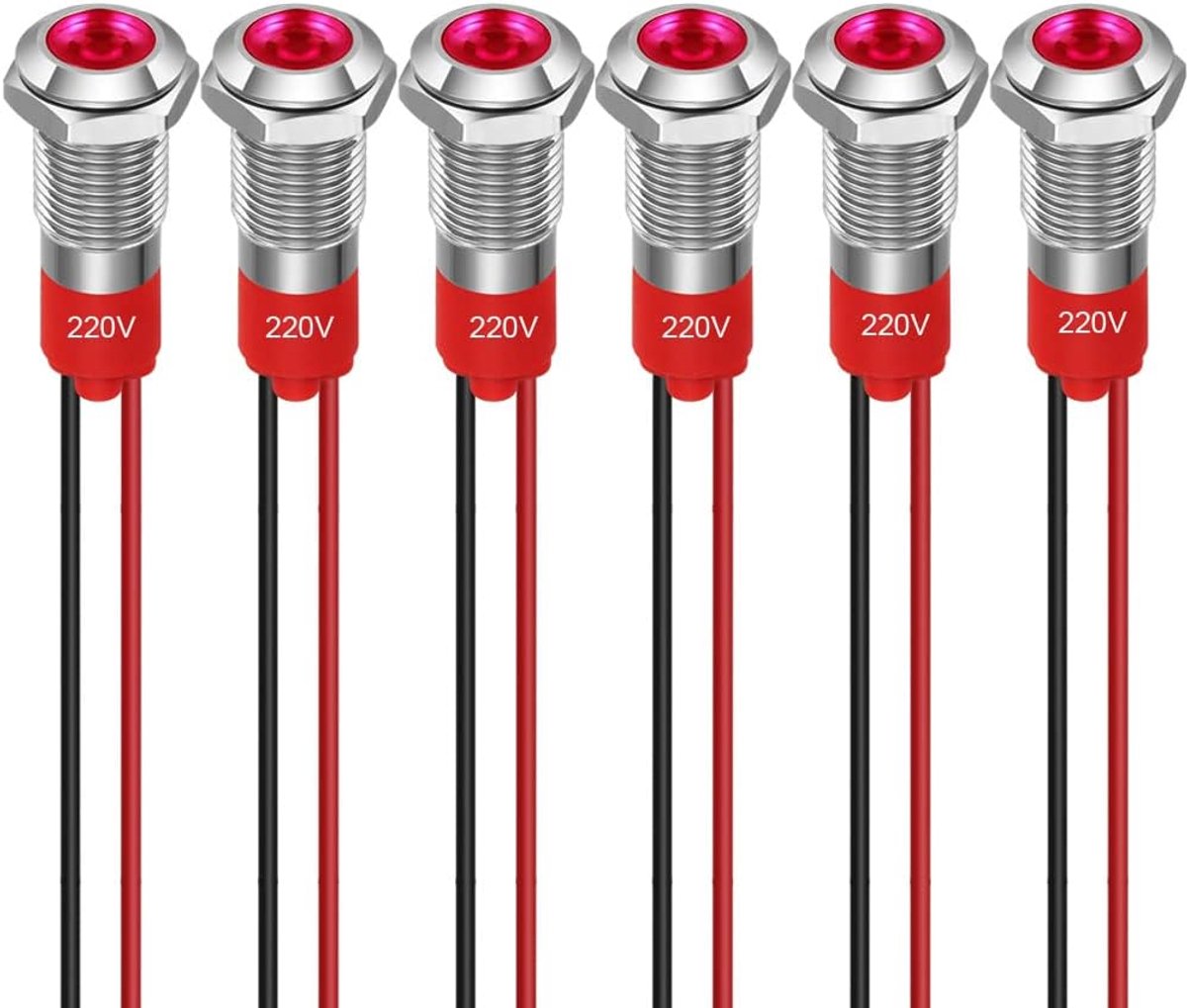 GUUZI 6pcs 8mm LED Indicator Light 220-230V Waterproof Signal Light Metal Panel LED Indicator Light Panel Mount Flat - ShopVlot