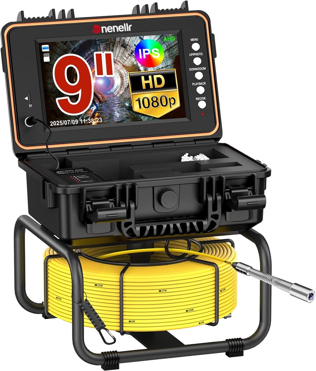Channel Camera 50M with Light, Waterproof, 1080P Tube Camera, Inspection Camera with Self-Leveling, 9 Inch IPS Color - ShopVlot