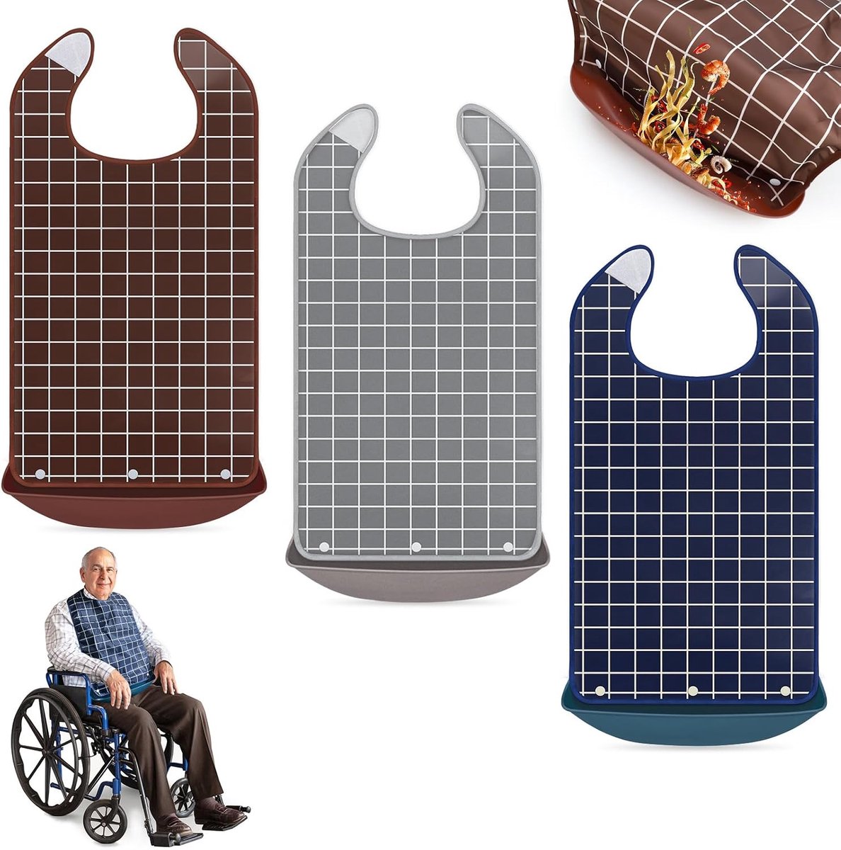 KXVXXV Pack of 3 Adult Bibs for Adults, Waterproof Unisex Clothing Guard with Snap Studs, Reusable - ShopVlot