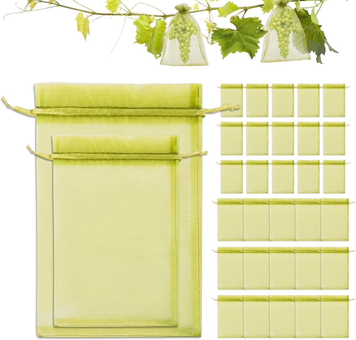 30 stuks fruitbeschermingszakken van net met trekkoord, 15 x 20 cm en 20 x 30 cm, legergroen, bescherming tegen - ShopVlot