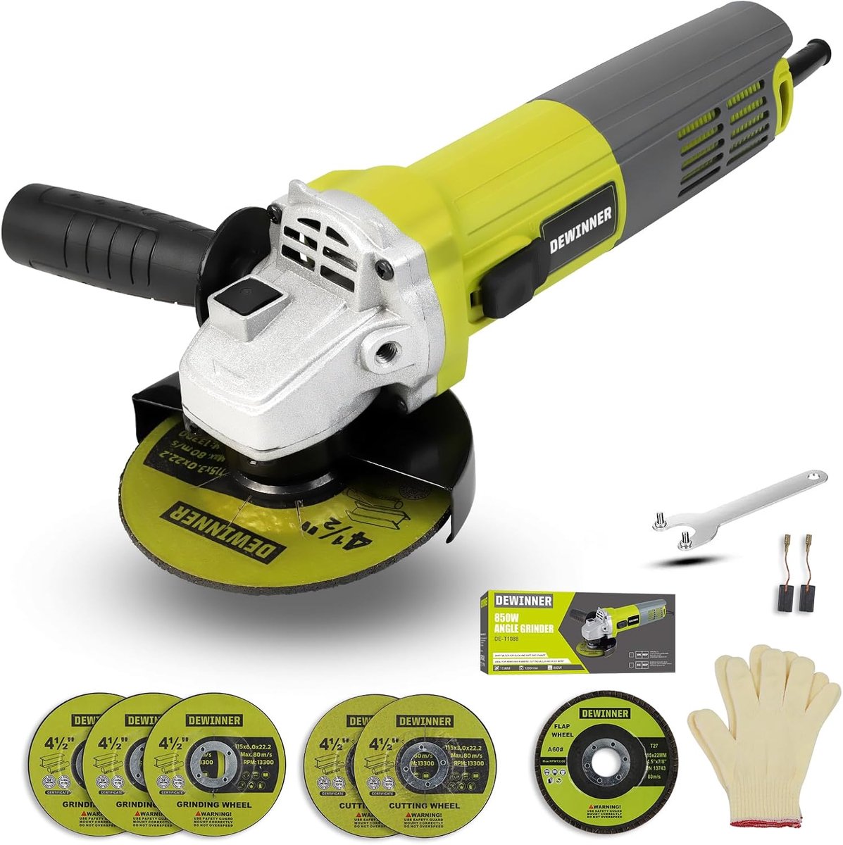 DEWINNER Angle Grinder, 850 W, 220-240 V, 6 Angle Grinding Discs, 115 mm, Protective Cover, with Additional Handle - ShopVlot