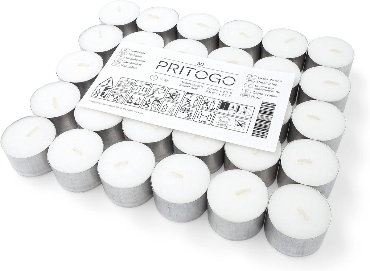 Tea lights, white in aluminium sleeve Ø 3.8 * 2.5 cm, soot-free, burning time: 8 hours (30 pieces aluminium) - ShopVlot