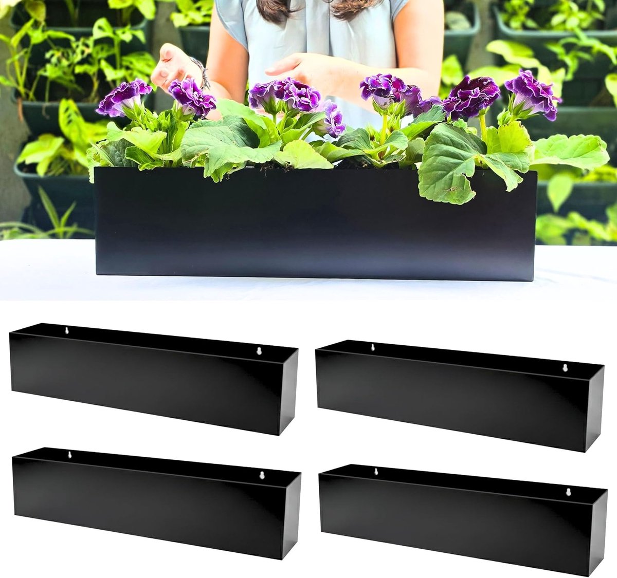 LaLaGreen Wandplantenbakken, 61 cm, set van 4, zwarte metalen hangbloempotten van koolstofstaal voor vetplanten - ShopVlot