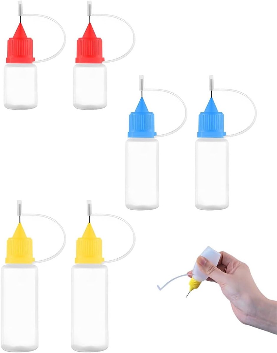 Zes naaldflesjes voor precisiedosering, lege lijmflesjes, plastic applicatorflessen (5ml + 10ml) voor knutselen en hobbyprojecten