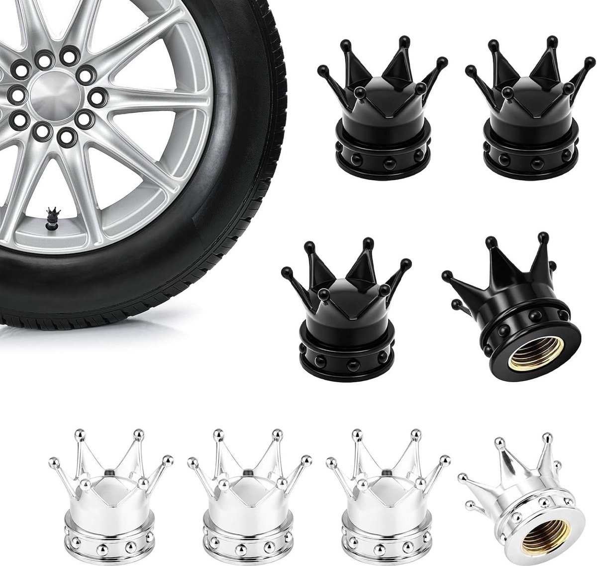 8 Stuks Metalen Ventieldoppen voor Auto en Fiets, Kroon Design, Zwart en Zilver, Universele Accessoires voor Autobanden en Fietsen