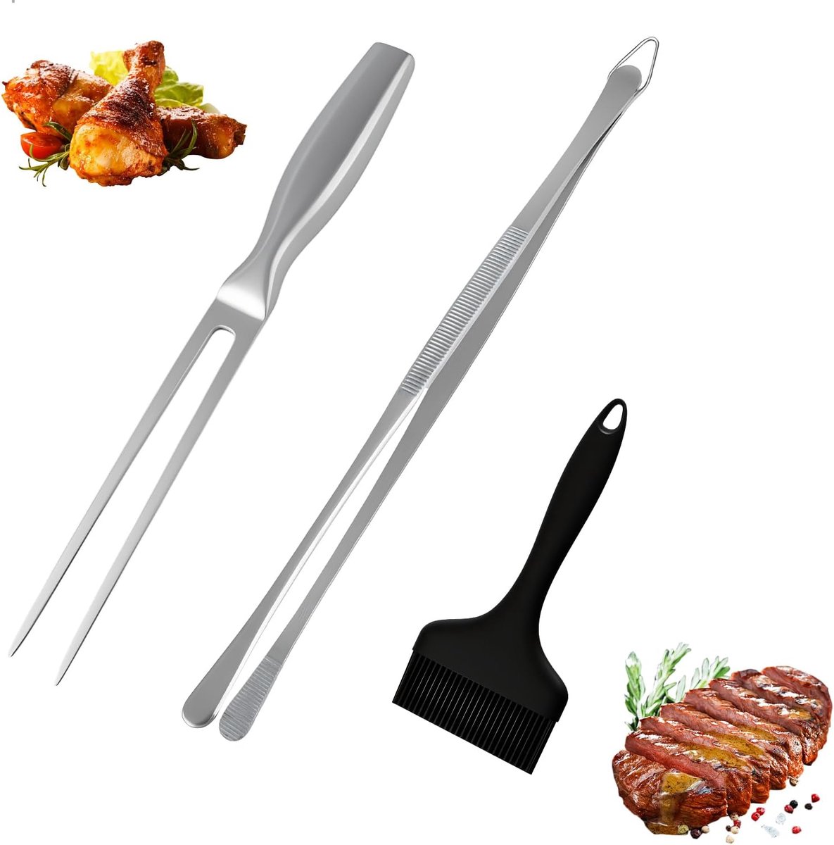 Grillset 3-delig - roestvrij staal - vleesvork 27 cm, grilltang 31 cm, siliconen borstel - ShopVlot
