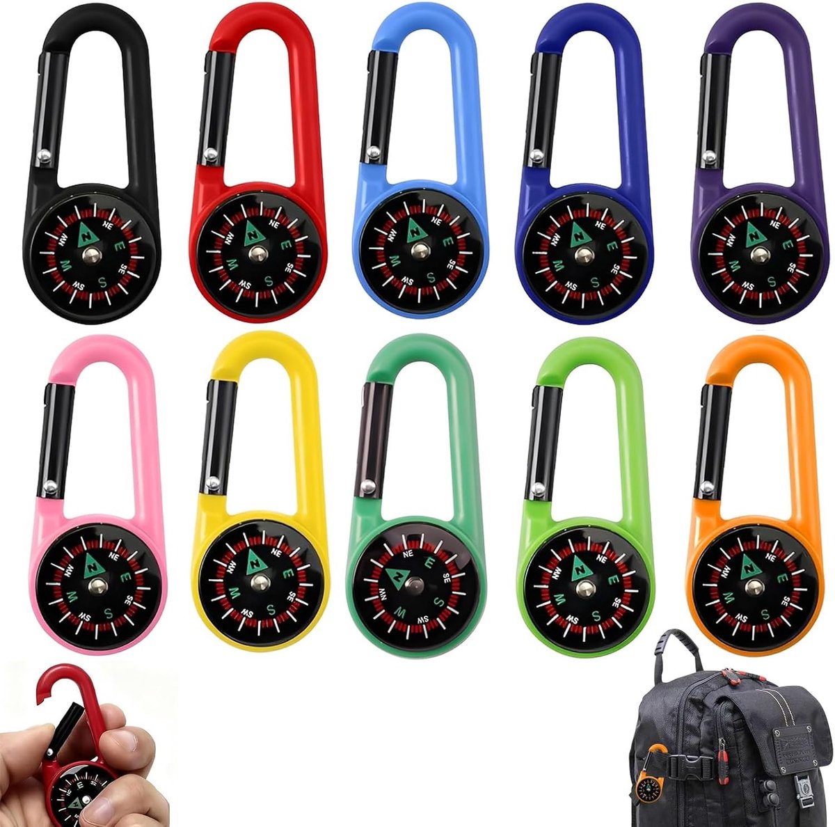 10 Stuks Sleutelhanger Kompas met Magnetisch Navigatie-instrument en Karabijnhaak, Draagbaar Outdoor Navigatiehulpmiddel voor Wandelen, Kamperen en Fietsen, Ideaal voor Avontuurlijke Reizen