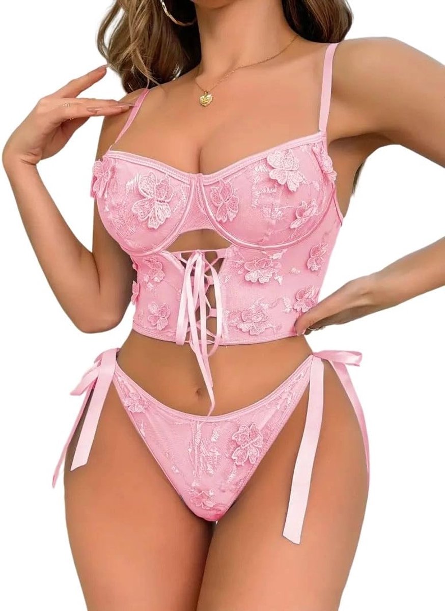 Lingerieset 2-delig - Sexy Bloemenkant - Bh met Vooropening - Slaapmode voor Vrouwen - ShopVlot