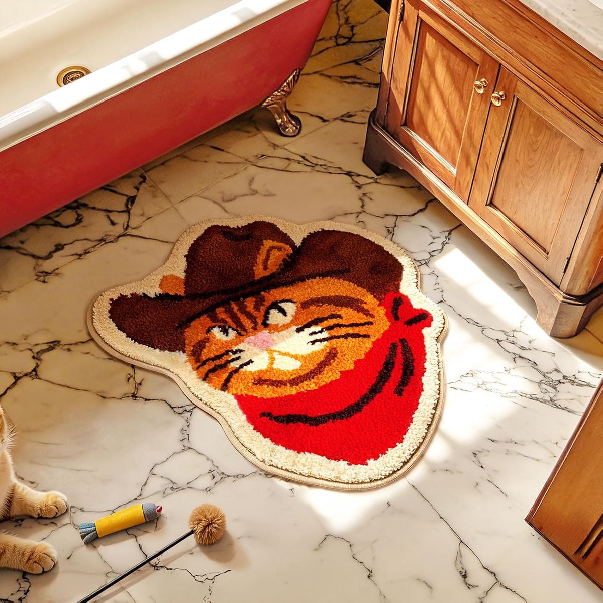 Badmat Antislip 58 x 64 cm - Zacht Microvezel - Kattenmotief Cowboylook - Ideaal voor badkamer en douche - ShopVlot