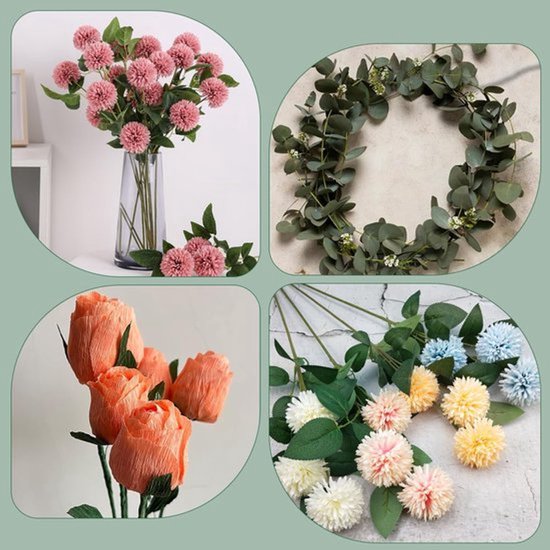 Een collage van kunstbloemen: roze pluizenbollen in vaas, eucalyptuskrans, oranje rozen en diverse pluizenbollen in pastelkleuren.