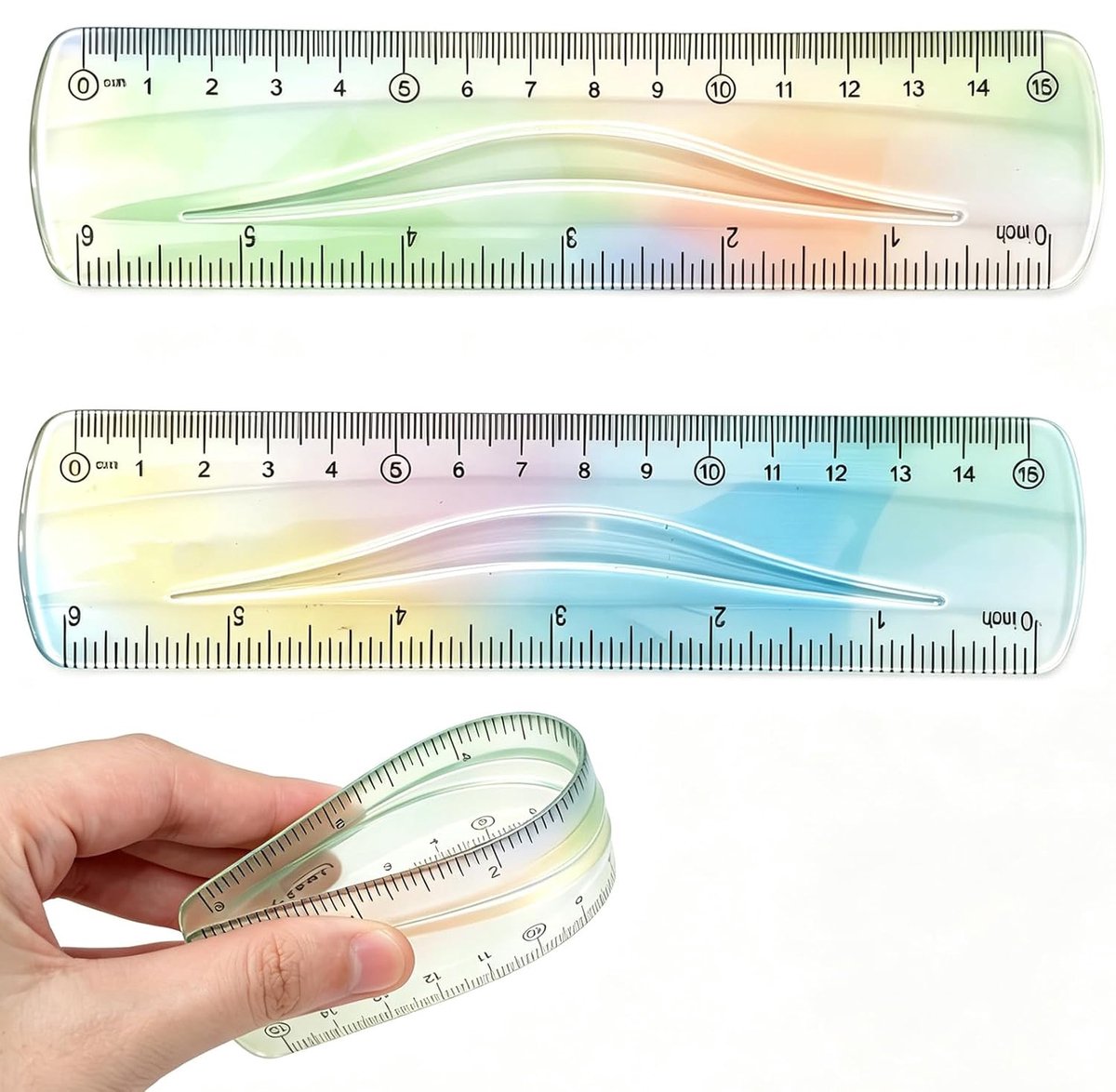 Set van 2 flexibele linialen 15 cm - onbreekbaar en buigbaar - transparant en kleurrijk - ideaal voor school - ShopVlot