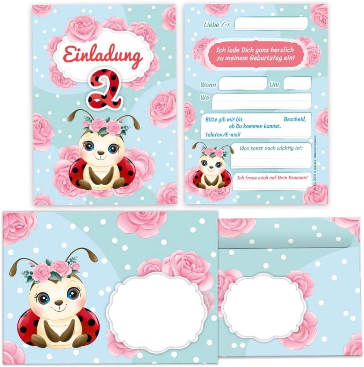 Uitnodigingskaarten 2e verjaardag - lieveheersbeestje - 12 kaarten met enveloppen - perfect voor kinderfeestje - ShopVlot