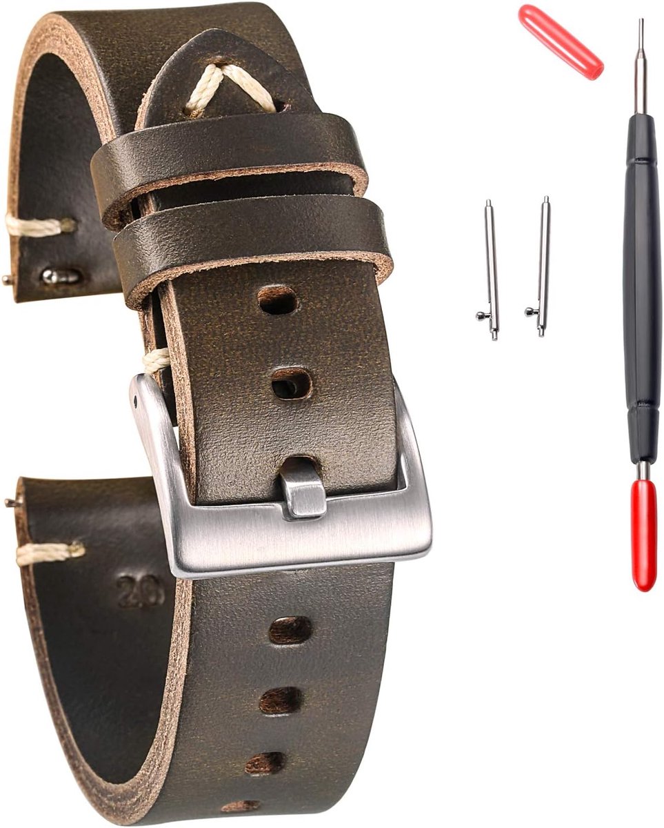 Leather Watch Bands,Horween Leather Watch Strap for Men 18 19 20 21 22 24mm Quick Release Handmade Vintage Replacement - ShopVlot