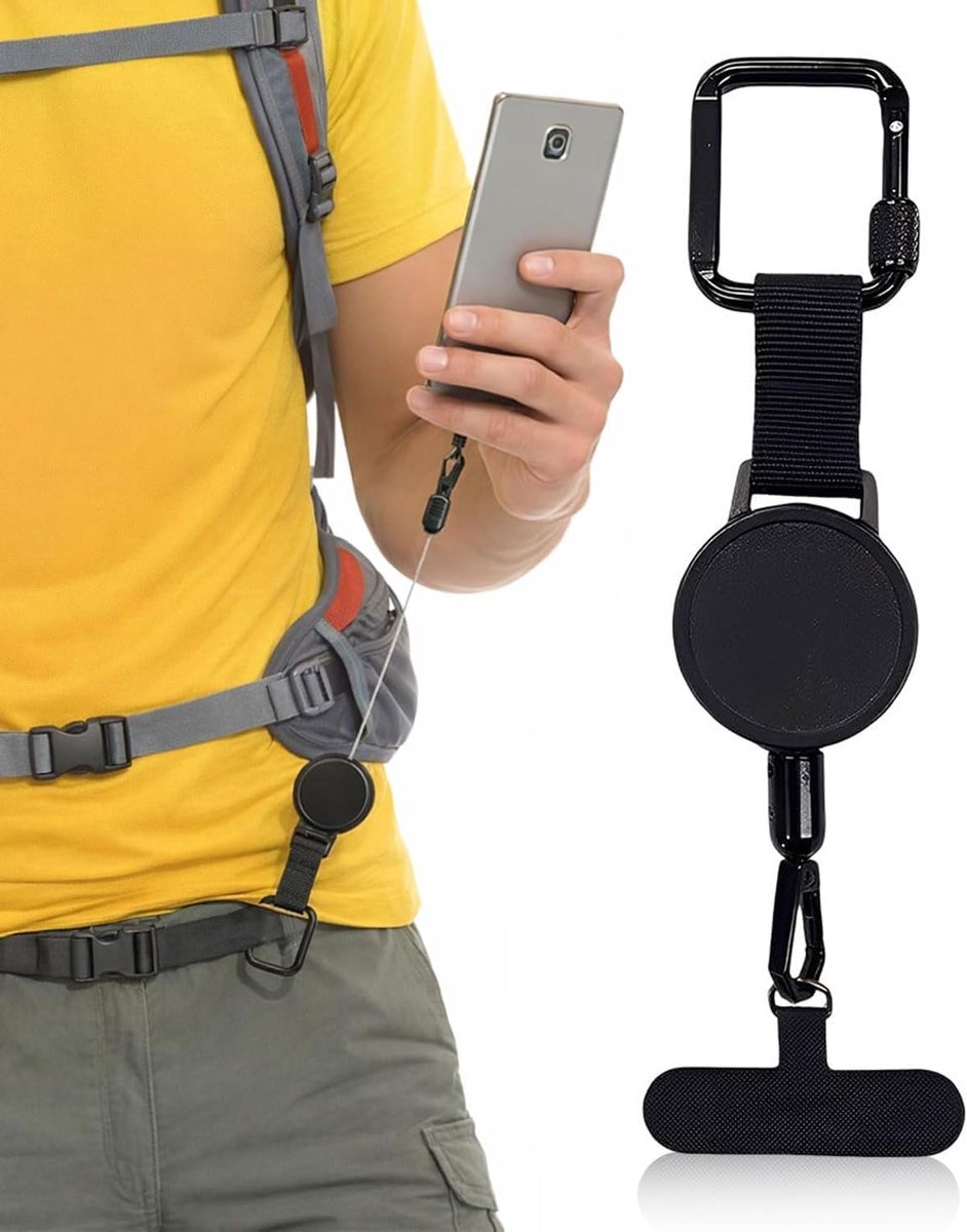 Intrekbare telefoonband, telefoonband met karabijnhaak, valbescherming voor mobiele telefoon, voor wandelen, fietsen - ShopVlot