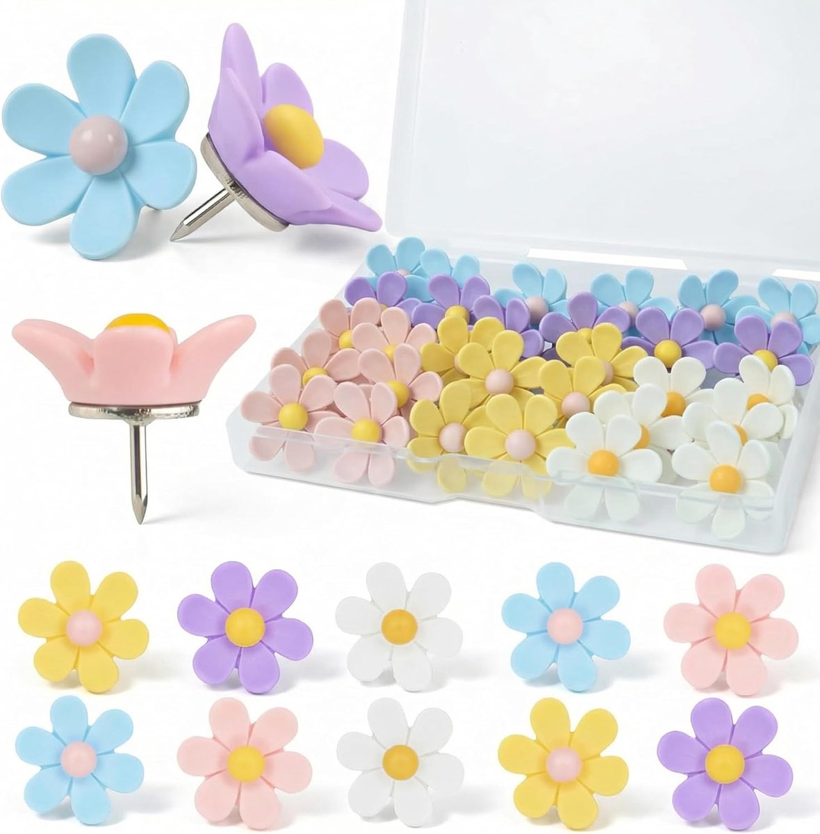 Pack of 50 Bulletin Board, Flowers, Thumbtacks, Beautiful Thumbtacks, Colourful Needles for Bulletin Board, Cork - ShopVlot