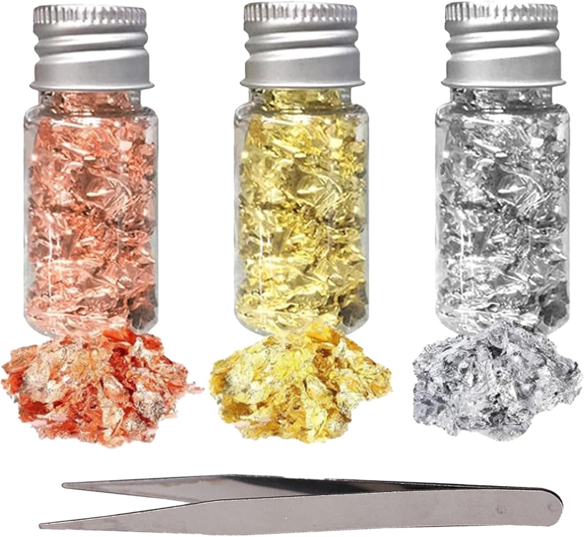 3-kleuren metallic nagelfolie vlokken set met precisie pincet, goud, zilver, roségoud, voor gel, acryl en natuurlijke - ShopVlot