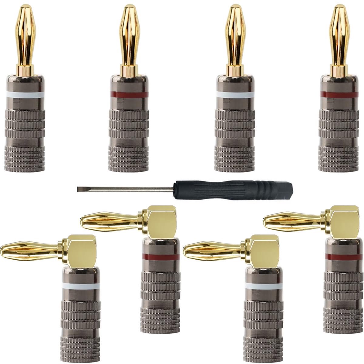 4mm Banana Plug, 24K Gold Plated, Closed Screw without Soldering + 90 Degree Audio Jack Plug, for Speaker Cable - ShopVlot