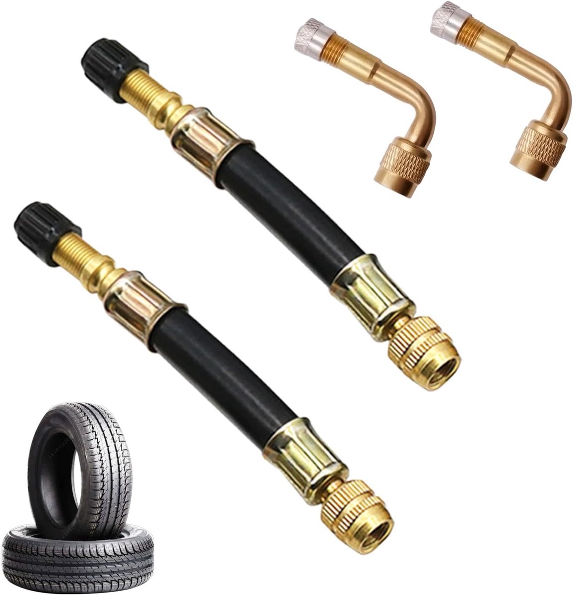 2 stuks bandenventielverlenging adapter 90 graden en 2 stuks ventielverlenging autoventiel 100 mm - ShopVlot