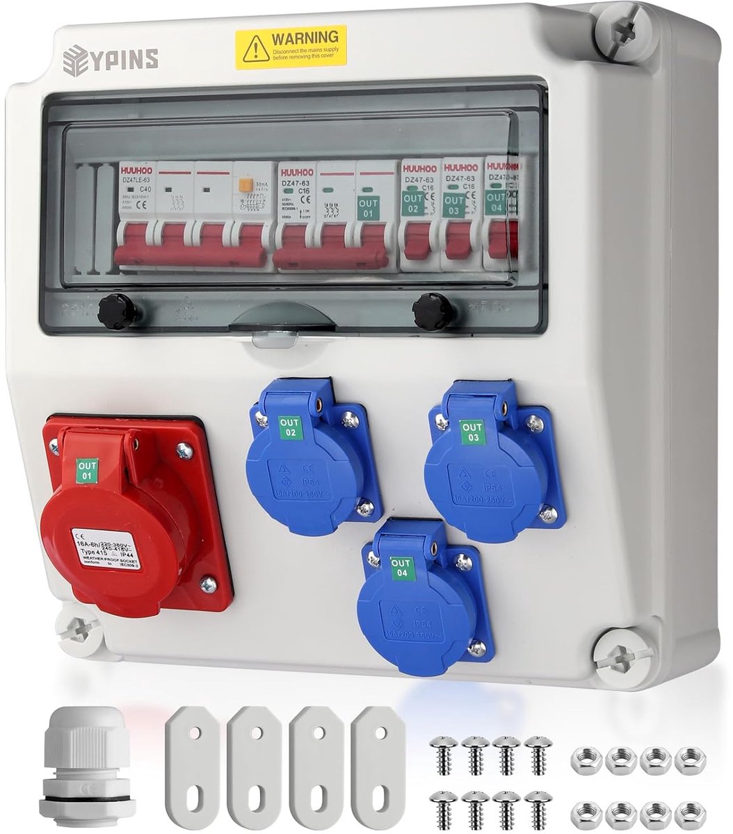 EYPINS Bouwstroomverdeler met LS+FI, wandverdeler, 3 x 230 V Schuko-, 1 x CEE-stopcontact, 16 A, stroomverdeler, IP66 - ShopVlot