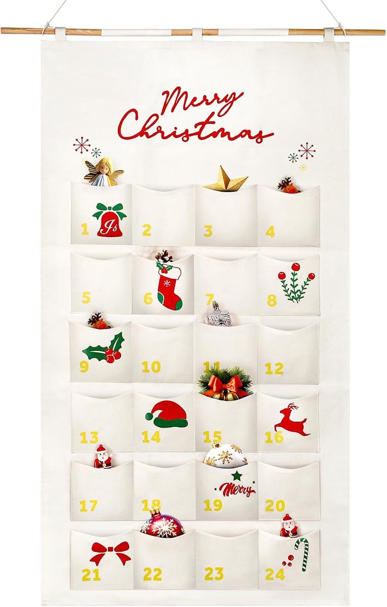 Adventskalenderwandkalender van stof, adventskalender om te vullen, herbruikbaar met 24 stoffen zakjes, kerstkalender - ShopVlot