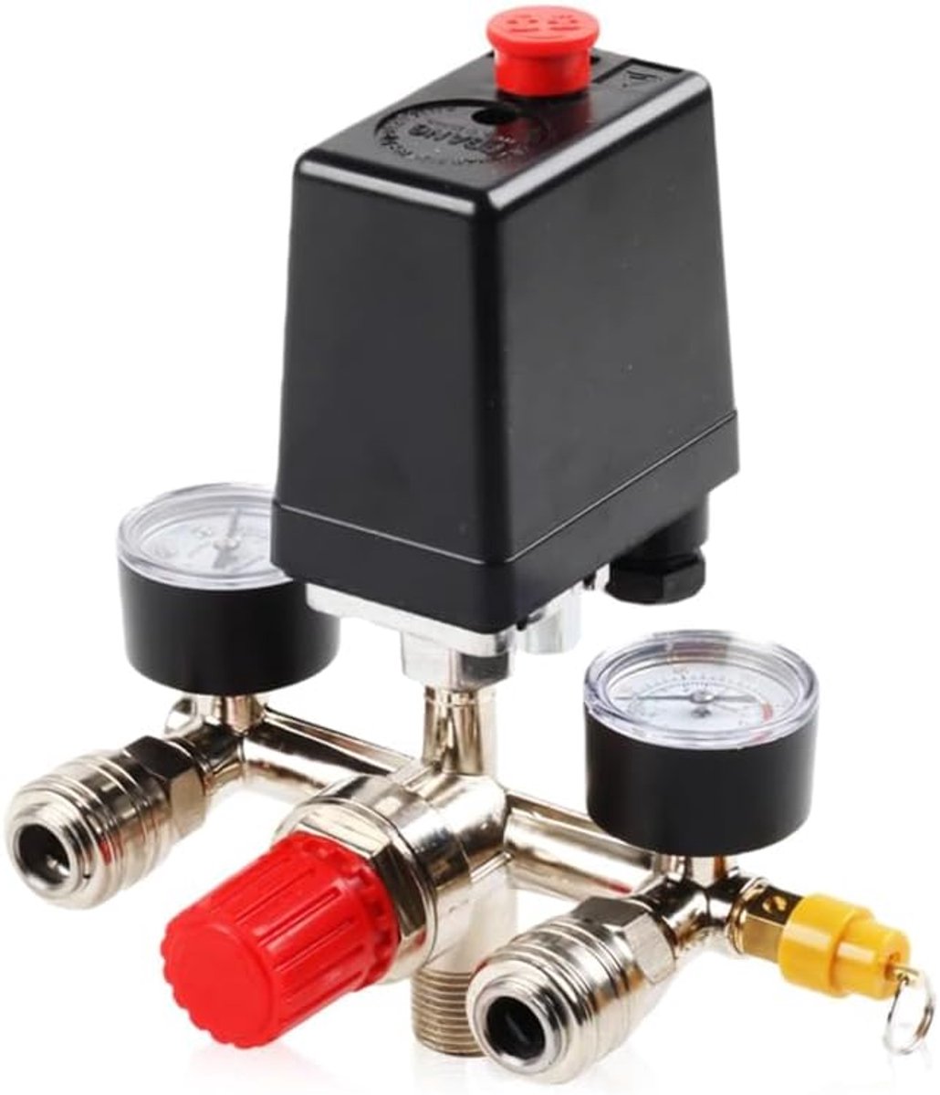 220 V drukschakelaar, compressor drukregelaar voor 2 manometers, veiligheidsventiel 2 koppelingen, 1/2 inch (~ 20 mm) - ShopVlot