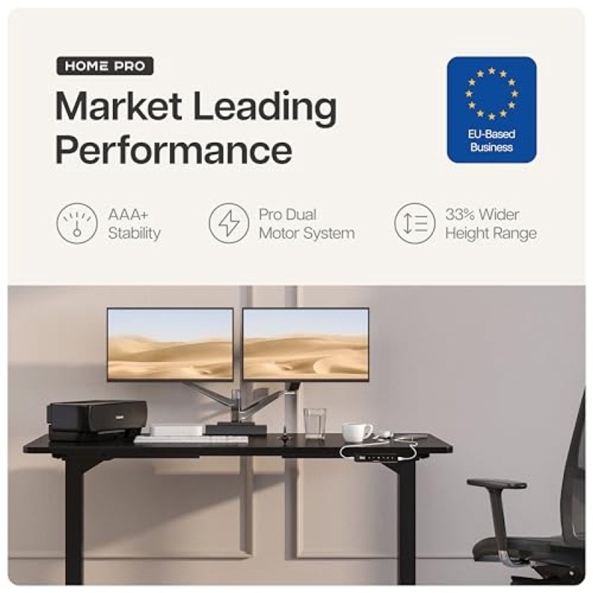 HomePro frame in hoogte verstelbaar bureau - elektrisch verstelbaar met fluisterstille dubbele motor en touchscreen - draagvermogen 160 kg - zwart