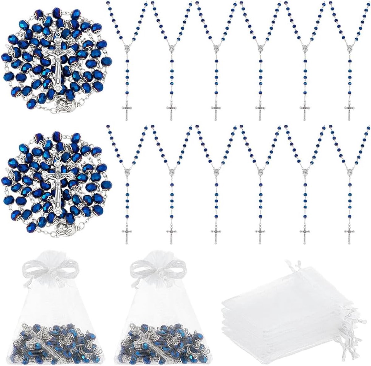 15 Loose Rosary Blue Glass Necklace with Cross Crucifix Rosary Rosary Catolicos Gifts with 15 White Organza Bags for - ShopVlot