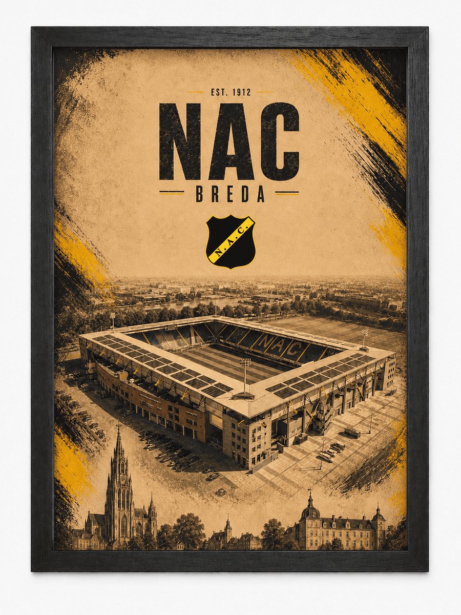NAC Breda Poster | Voetbalposter met Stadion en skyline | Inclusief Zwarte A4 Lijst | Wanddecoratie