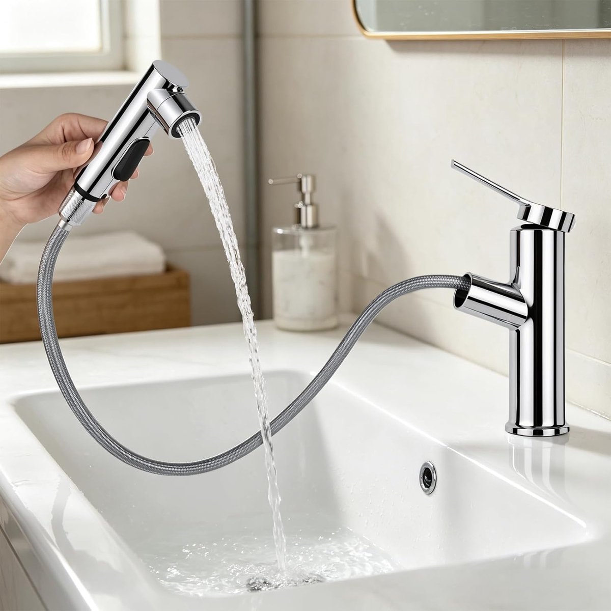 Bathroom tap with pull-out shower, single lever mixer, high pressure single lever mixer with 3 jet types, hot and cold - ShopVlot