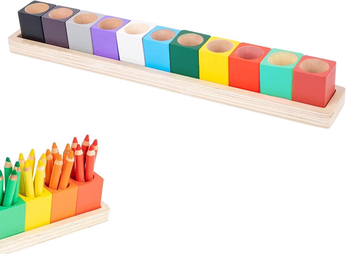 Houten Pennenhouder voor Kinderen, Montessori-ontwerp, Pennenorganizer met 11 Compartimenten voor School en Kantoor, 44.5 x 6 x 6.3 cm