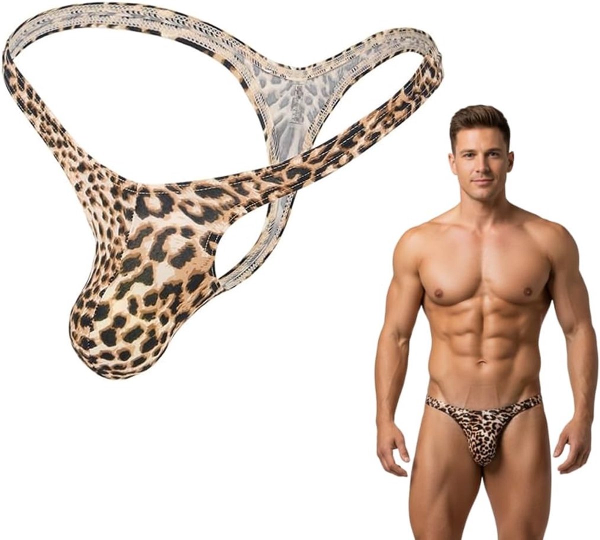 Comfortabele Lage Taille Sissy Leopard T-Back Open Briefs voor Mannen - Sexy Thong Lingerie (Maat L)