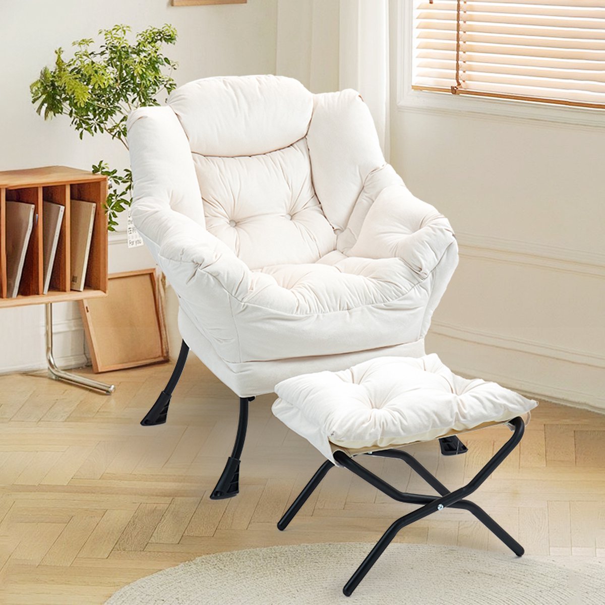 COVREO Fauteuil 65x81x95 cm Off White, metalen frame met hocker