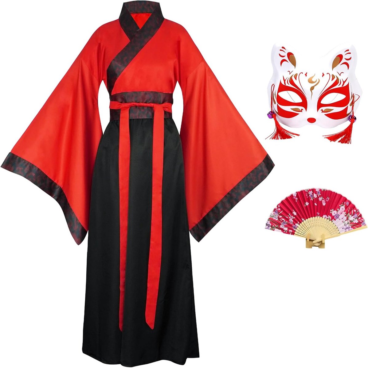 Women Hanfu Dress Set with Mask and Folding Fan Traditional Chinese Costume for Carnevale, Cosplay, Cultural Events - ShopVlot