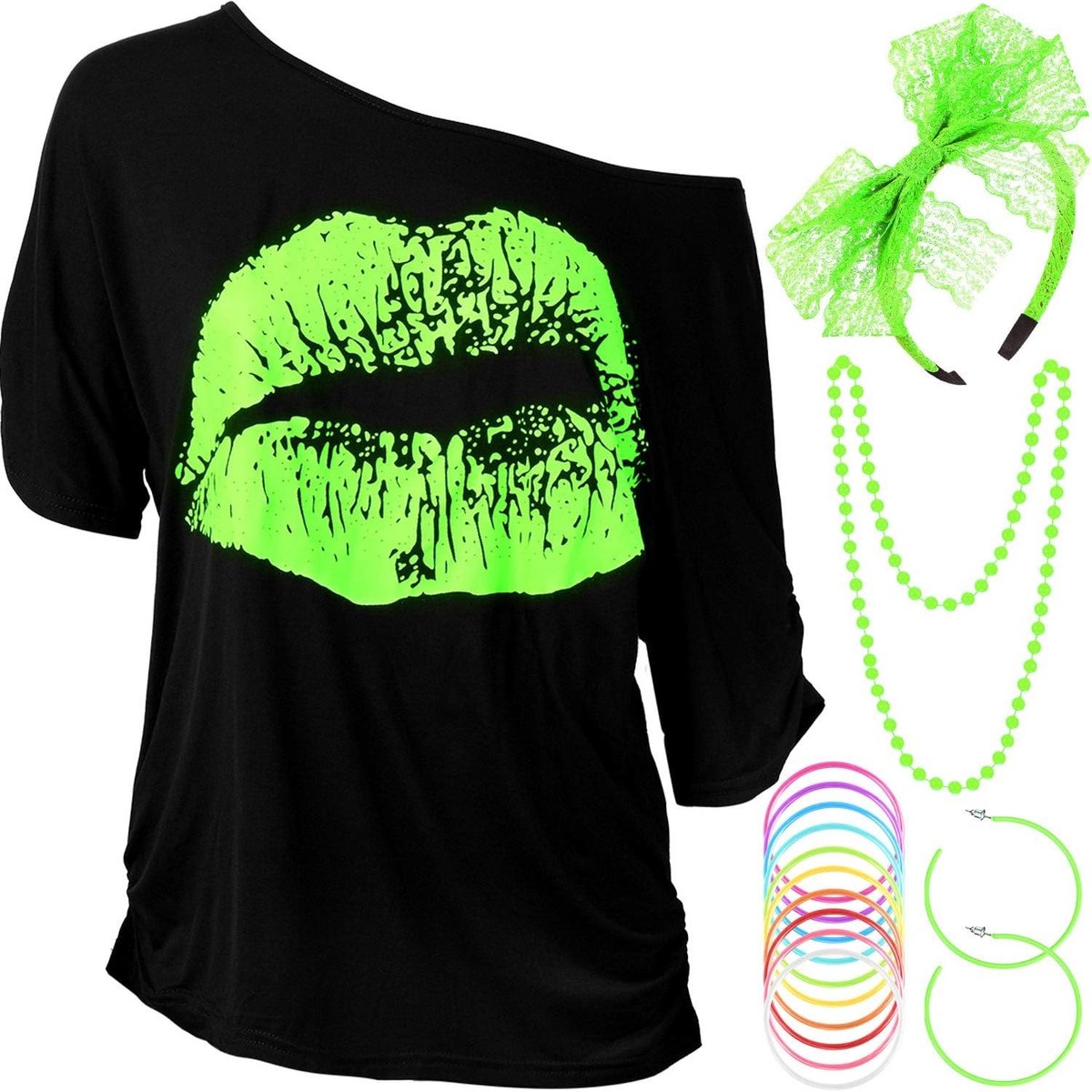 80s Kostuum Accessoire Set voor Vrouwen, Neon Groene T-Shirt, Hoofdband, Oorbellen, Ketting en Kanten Armband voor Themafeesten en Retro Feestjes