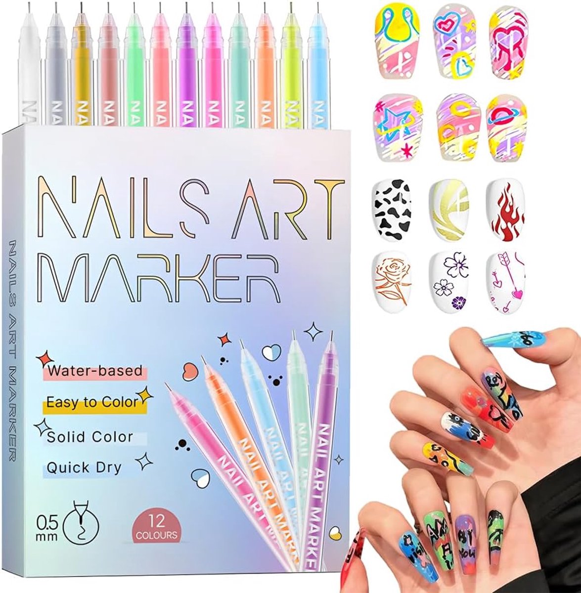 12 Colors Nail Art Pens Set, 0.5mm Nail Art Markers Polish Pens for 3D Nail Art, Nail Art Markers for DIY Nail Design - ShopVlot