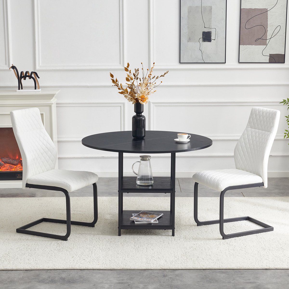 COVREO Eettafelset 107 cm zwart, metaal en wit, 1 tafel 2 stoelen
