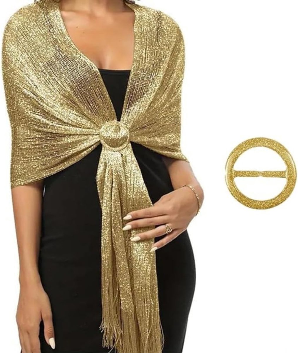 Sparkling Gold Metallic Scarves and Buckle Wraps for Women - Ideal for Wedding Evening Party Dress Bridesmaid Elegant - ShopVlot