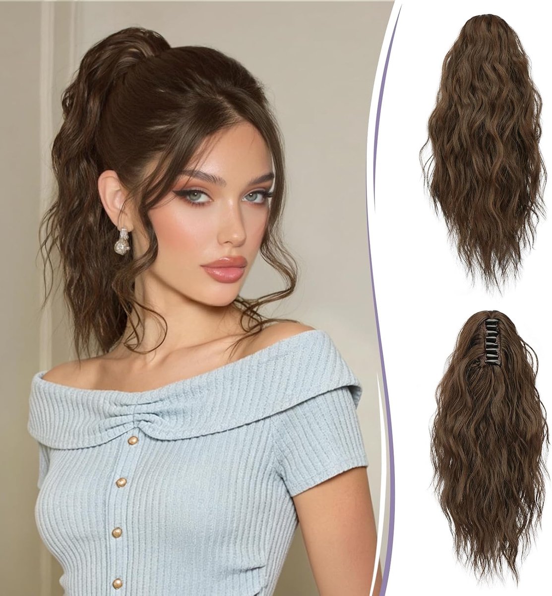 RUWISS Ponytail Hair Extension with Clamp, 35cm Wavy Ponytail Curly Ponytail Extension with Clamp for Women - ShopVlot
