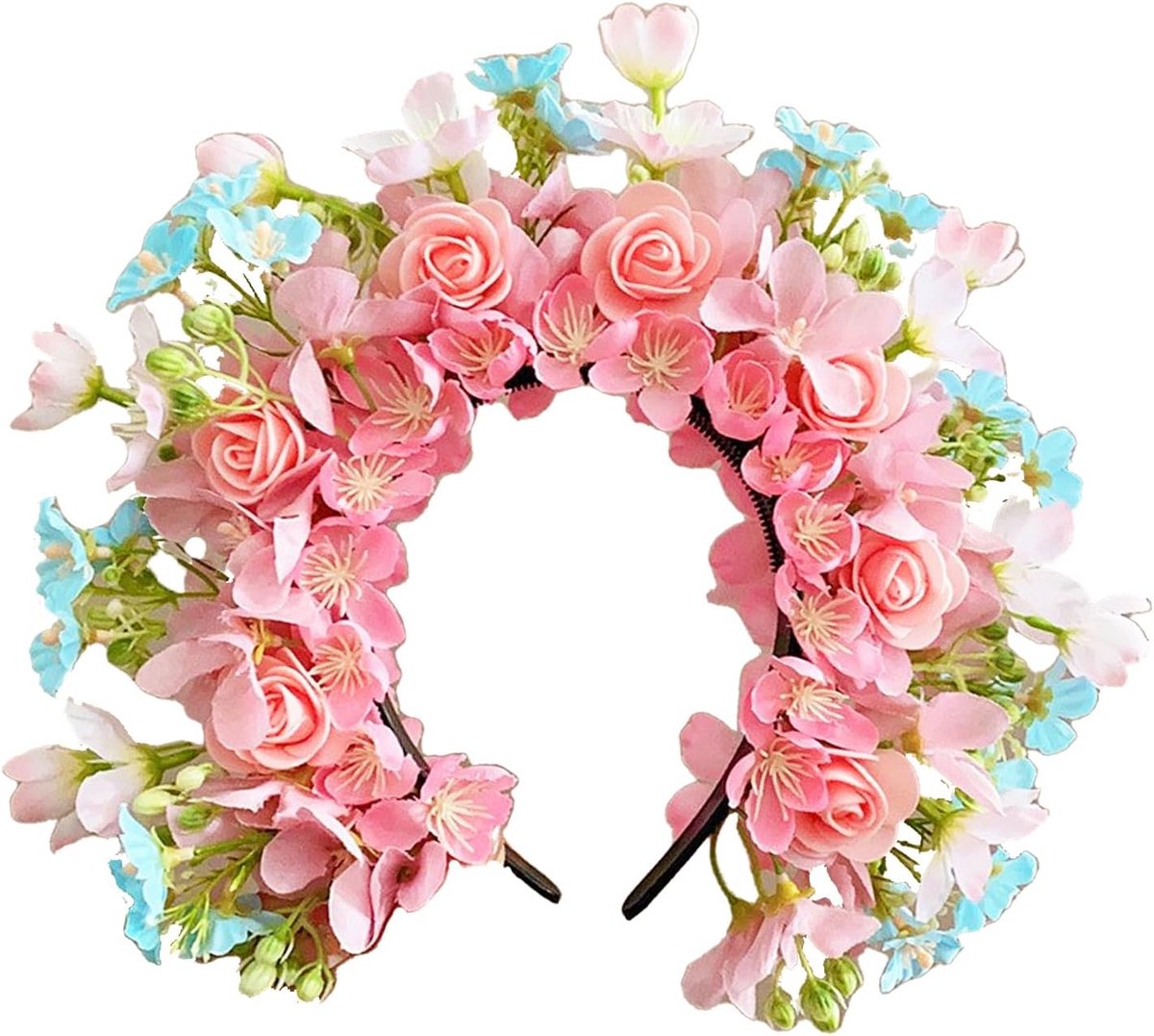 Haarwreath met bloemen - Roze, groen en lichtblauw - Feestelijke uitstraling - Perfect voor bruiloften - ShopVlot