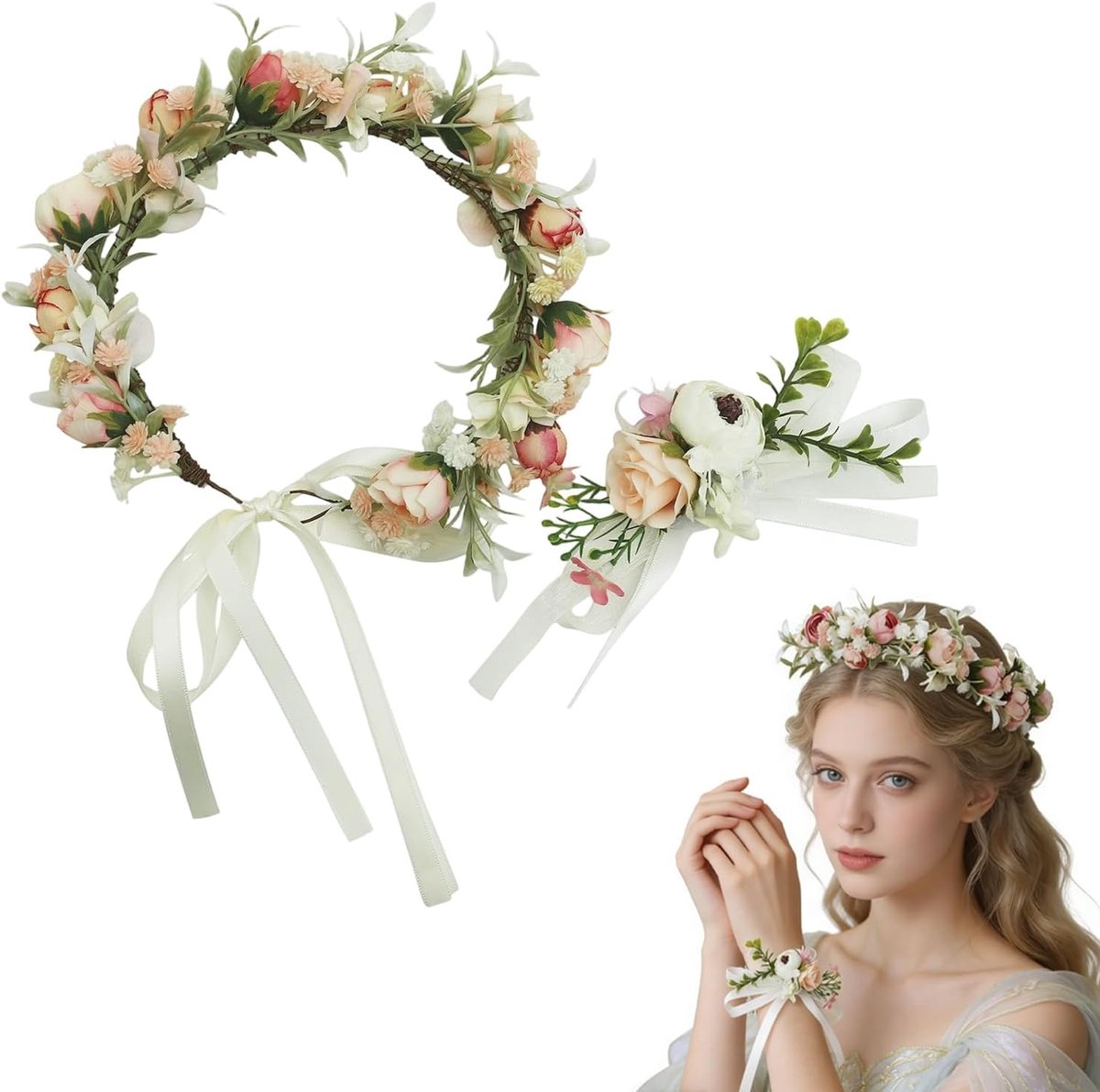 Bloemenkroon roze - Kunstbloemen haaraccessoire - Verstelbaar voor bruid en meisjes - Perfect voor fotoshoot - ShopVlot