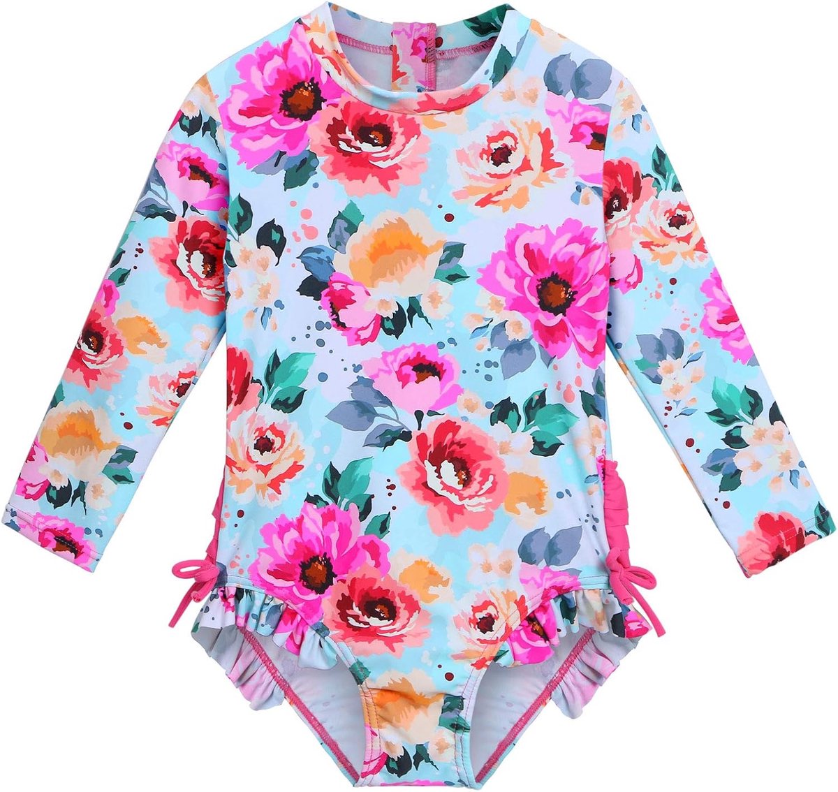 zwemoutfit meisjes 0-6 maanden - lange mouwen - hotroze bloemen - bescherming tegen UV-straling - ShopVlot