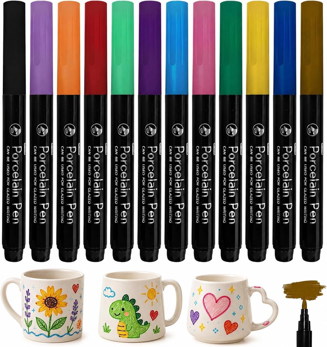 Porseleinen stiften 12 stuks - Waterbasis - Vaatwasmachinebestendig - Perfect voor personalisatie - ShopVlot