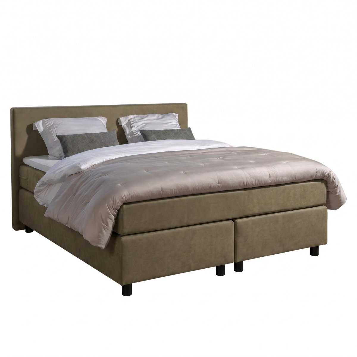 Mörgenn Boxspring Amsterdam - Pocketvering - Olijfgroen Lederlook - 140x220 cm - Inclusief Dekbed en Kussens