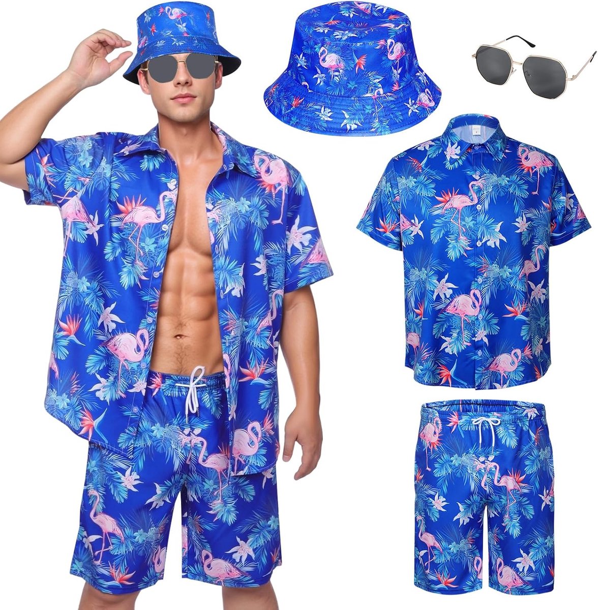 Hawaiian shirt korte mouwen - Hawaii kostuum met hoed - Zomeroutfit met zonnebril - Perfect voor feestjes - ShopVlot