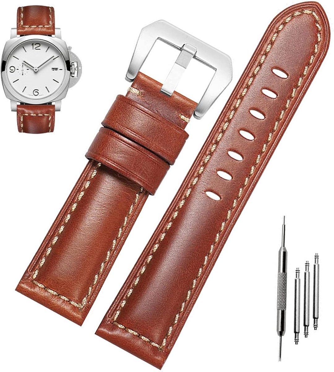 Horlogeband voor heren 22mm 24mm 26mm - Echt leer - Hoogwaardige vervangband - Luxe uitstraling - ShopVlot