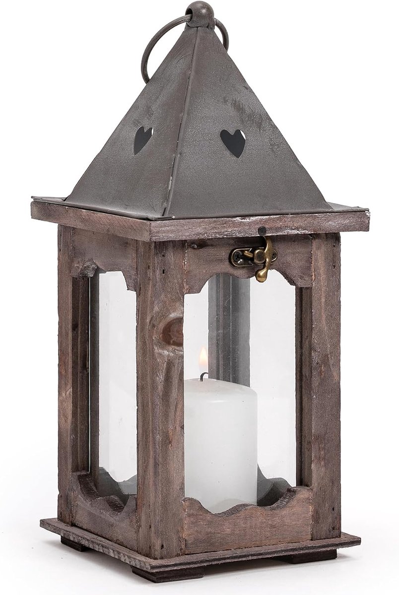 Lantaarn 30 cm - Houten met glas en metalen top - Rustiek shabby chic - Perfect voor binnen en buiten - ShopVlot
