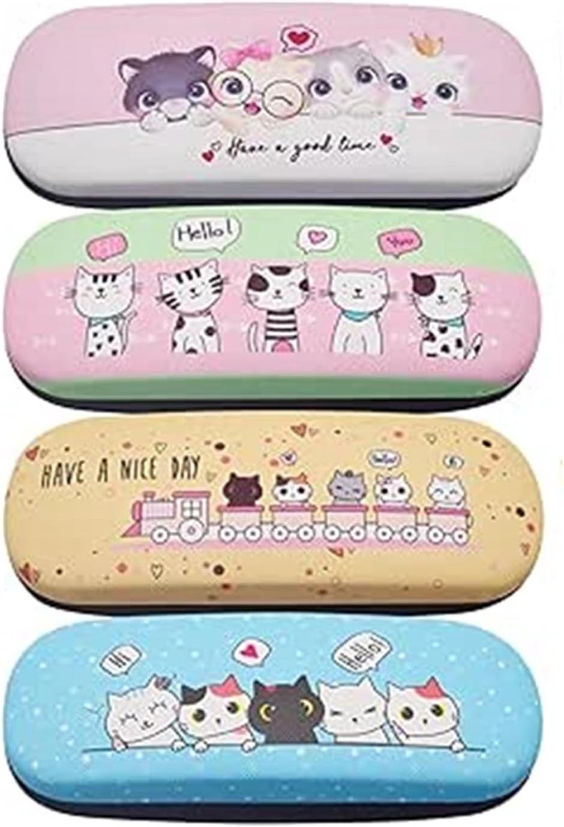 Cute Cat Glasses Case Set, 4 Pieces, Hard Shell with Cartoon Motifs in Pink, Green, Yellow, and Blue - ShopVlot